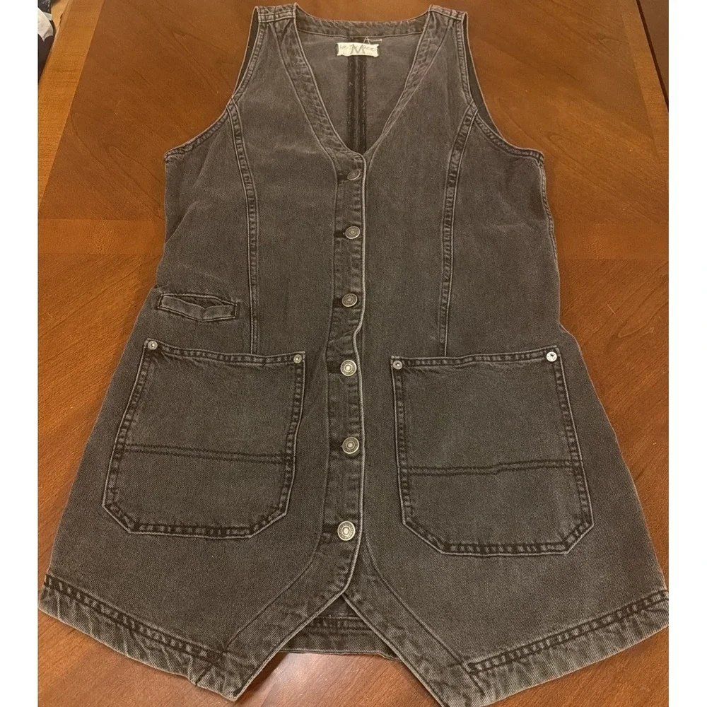 We The Free Free People Black Denim Button Front Vest Mini Dress Medium
